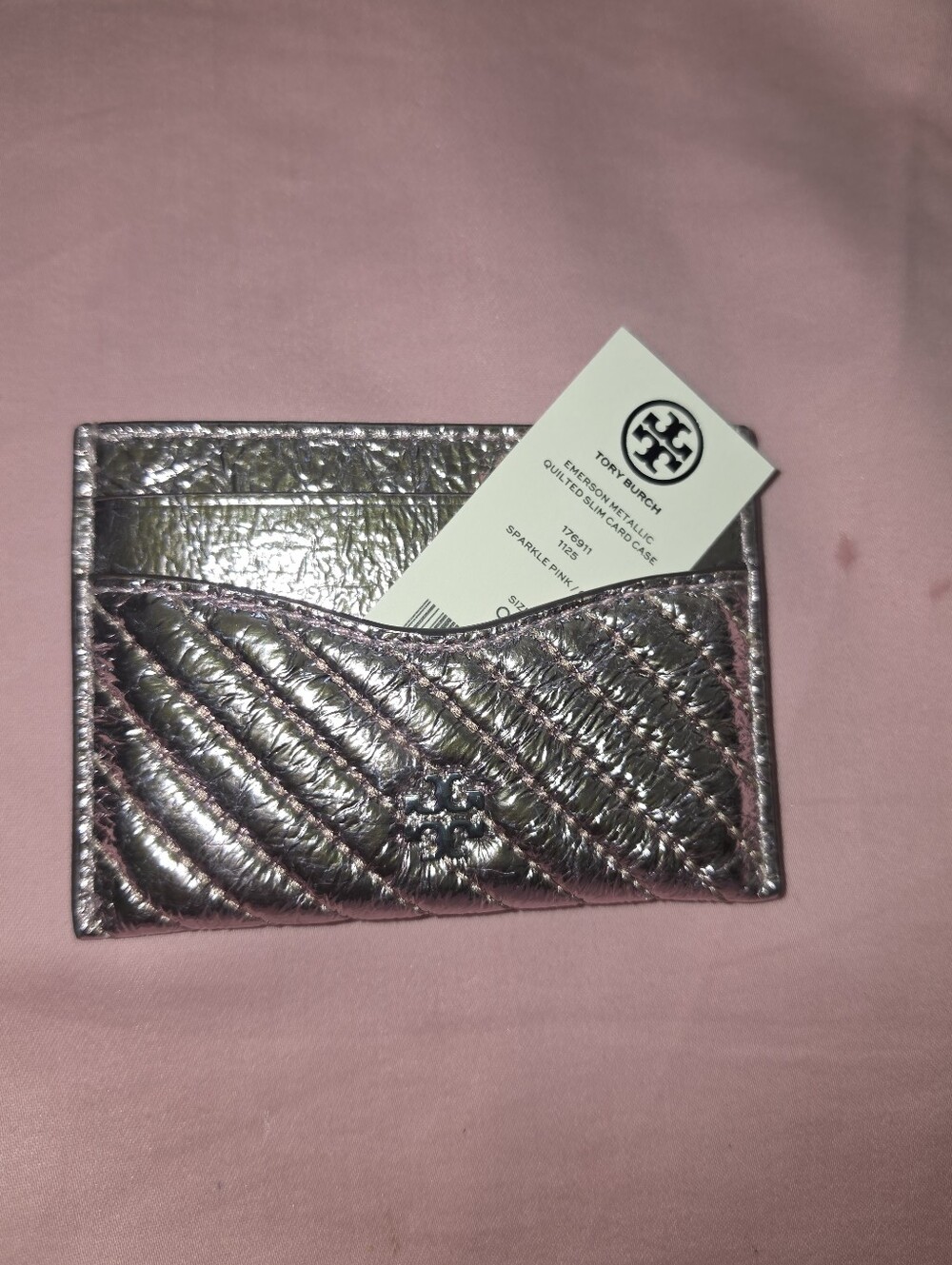 Tory Burch Metallic Quilted Card Holder in Sparkling Pink and Silver